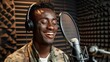 © LukaszDesign - Tablet, singing or black man on studio microphone, dark recording mockup music or words. Artist, singer, or musician on voice media, technology creation app, or sound performance practice