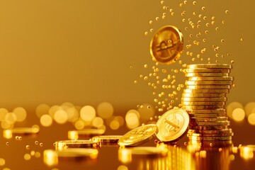 Poster - A close up of a stack of coins with a falling coin