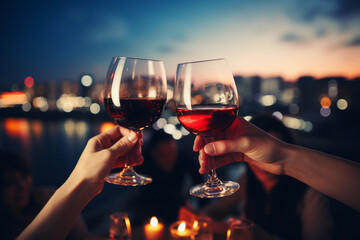 Wall Mural - a group of friends hands toasting with red wine glasses during on a holiday with a city background at night, a happy celebration concept