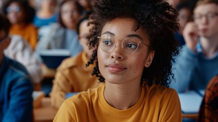 Poster - female college student with diverse multiethnic classmates asks scholar a question in a college clas