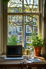 Poster - A laptop on desk by window