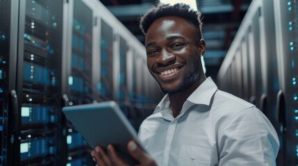 Poster - The businessman and entrepreneur is smiling while using a tablet computer in the data center. One can see a big server farm for cloud computing in the background.