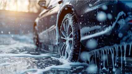 Car washing with soap foam on car body closeup, real photo. The car was washed with soap foam covering the body in the style of a closeup