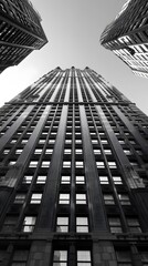 Tall building displaying a clock on its peak