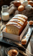 Wall Mural - a cake, A black wood tabletop has Sliced bread in a white box isolated on a transparent background cut out, ears of wheat, a cracked egg, and milk as decoration 