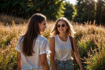 two young women strolling in a summer park at sunset