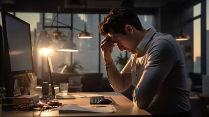 A tired and frustrated young adult and South-African business man is standing in front of his modern office desk with his hands in her hair with backlighting