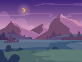 Sticker - Night mountains outdoor landscape with moonlight glow on mountain hills