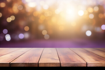empty wooden planks or tabletop in front of a blurred bokeh purple background and modern background 