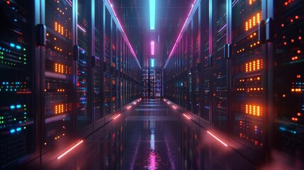 Canvas Print - An image of a working data center with rows of rack servers. Led lights blink and computers run.