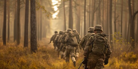 Wall Mural - A line of armed soldiers in camouflage march through a misty forest, exemplifying themes of military and duty