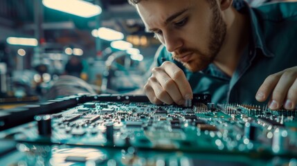 Poster - an inspector checks a pcb using surface mount pick and place technology. in the background is an ass