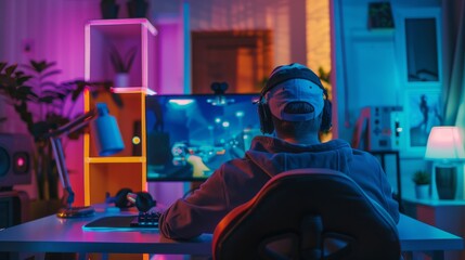 Wall Mural - Professional Gamer Playing First-Person Shooter Online Video Game on His Powerful Computer. Room and Computer are Lighted with Neon LED Lights. Young Man Wears Cap. Cozy Evening at Home.