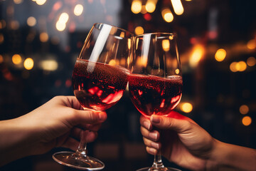 two people hands toasting with red wine glasses during a party at home with a light and sparklers background at night, a happy celebration concept