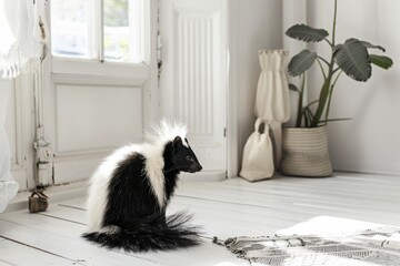 skunk exotic pet animal at minimal white interior of rustic home