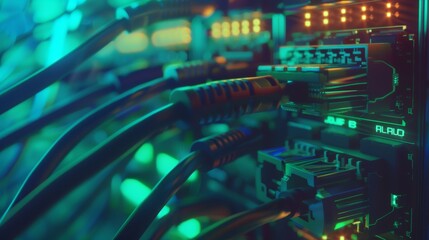 Poster - Blinking lights on Ethernet cable linked to router port. RJ45 connectors connected to modem LAN switches. Blue green lighting.