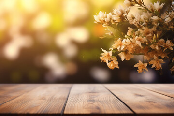 Wall Mural - Empty wooden planks or tabletop in front of a blurred bokeh flowers and silk and maximalist background a product display background or wallpaper concept with front-lighting