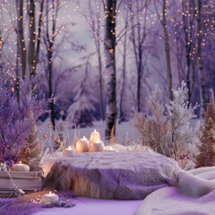 Sticker - A winter scene with a purple background and a wooden table with candles on it