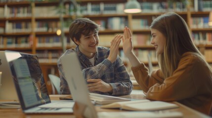 Poster - Caucasian girl and talented boy study for exams at University Library. They both give high fives after successfully completing a task. They work on assignments and use computers. College students