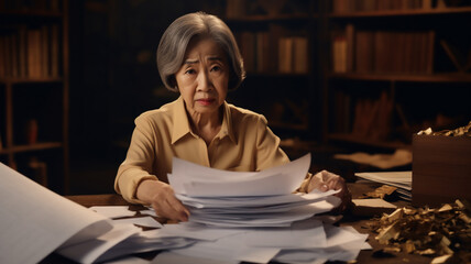A tired and frustrated elderly and Asian business woman is sitting at her wooden office desk with her hands crumbling a paper with side-lighting