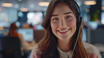 Poster - A Beautiful Young Female Customer Service Operator Smiling for a Portrait in a Busy Modern Call Center, Wearing a Headset and Taking Calls with a Diverse Multicultural Team.