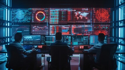 Wall Mural - The room is low key and consists of a team of professionals with desktops showing charts, graphs, infographics, statistics, and technical neural data.