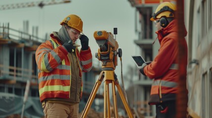 Poster - An Engineer and Architect are Using Tablets Next to the Surveyor as they Measure Angles in Horizontal and Vertical Plans on Construction Site using Theodolite Surveying Optical Instruments.