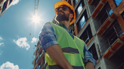 Poster - An Engineer-Architect with a Beard standing outside on a Sunny Bright Day wearing a Hard Hat, shirt, jeans, and a yellow safety vest.