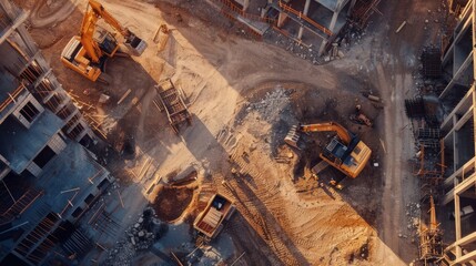Poster - Heavy machinery and construction workers are working on a new construction site. Diverse Engineers and Architects are discussing the project.