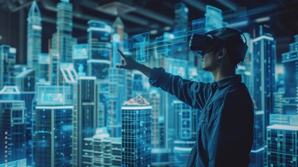 Poster - An Architect Wearing A Virtual Reality Headset Designs, Manipulates Buildings for 3D City. Mixed Augmented Reality Software. Visual Effect.