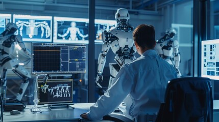 Poster - A Chief Analyst using a computer in the Robotics Development Laboratory, top scientists develop a prototype for a powered exoskeleton.