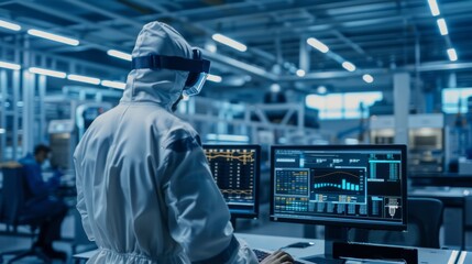 Poster - A cleanroom in an electronics factory: a scientist in coveralls works on a computer, showing infographics and software system control screens, preparing electronics for medical applications.