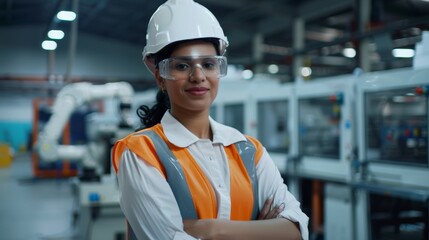 Poster - Professional Woman Working in Modern Manufacturing Factory with CNC Machinery and Robot Arm in Portrait of Handsome Indian Engineer Wearing Safety Vest and Hardhat.