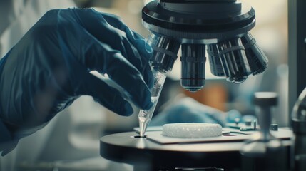 Poster - Scientist in gloves holding white chemical liquid on a microplate with technology. Microbiologist working in laboratory.
