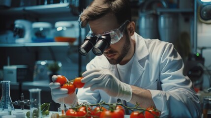 Poster - In a modern laboratory with technological equipment, a handsome scientist in safety glasses examines a lab-grown tomato under a microscope. A microbiologist is working on molecule samples in a modern