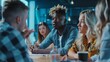 © Антон Сальников - Meeting in the office conference room with diverse businesspeople. A black male and a white female speak about marketing company strategies and social media.