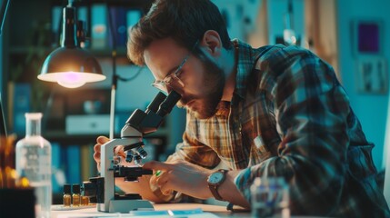 Poster - portrait of male scientist using microscope, writing down analysis information. advanced scientific 