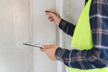 Wall Mural - Asian inspector checking structure of new property and taking note in the clipboard for review and fix the house before sell to client