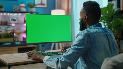 Poster - A handsome Black African American specialist works on a desktop computer with a mock up display in the living room of a house. Freelancer chats with clients over social media.