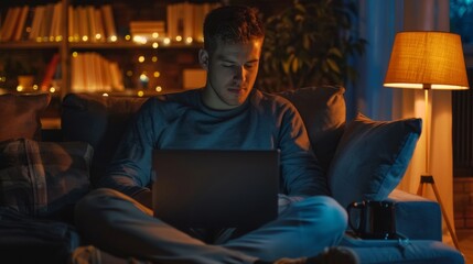 Wall Mural - An attractive Caucasian man sits on a sofa in a dark, cozy living room. He is a freelancer from home. He is browsing the Internet, using social networks, having fun.
