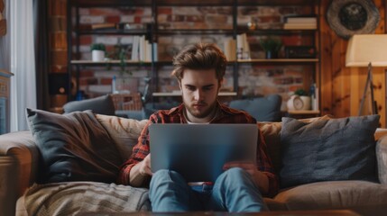 Poster - Working on a laptop computer while seated on a sofa couch in a stylish living room. Freelancer working from home. Using social networks and browsing the internet.