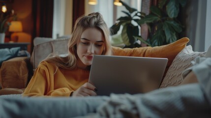 Poster - An attractive Caucasian woman uses her laptop computer to read the latest news at home at home while lying on a couch. She is a freelance specialist working from home.