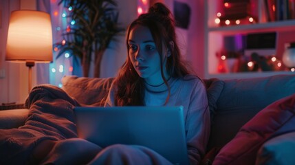 Poster - At home in the living room, beautiful Caucasian female is using laptop to chat with friends on a social networking site. Social Media Marketer Working From Home, Surfing the Web.