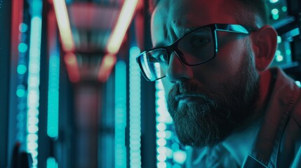 Poster - Data Center with IT specialist using laptop. Server Farm Cloud Computing Facility with maintenance administrator working. Cyber Security and Network Protection.