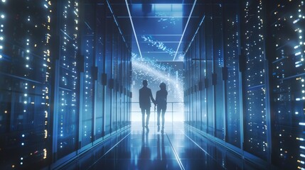 Poster - A Cloud Computing IT Specialist and an e-Business Entrepreneur use their laptops as they discuss. Two IT professionals walk on a bridge over looking a cloud computing server farm.