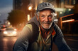 © pangamedia - A beautiful elderly of South-African hipster man riding his bicycle to work, a frontside portrait of a guy commuting on a bicycle on a sunny day in an urban street at midnight
