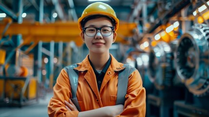 Poster - Asian Heavy Industry Engineer Smiling on Camera. Confident Chinese Industrial Specialist Wearing Safety Uniform, Glasses, Hard Hat, at a Factory Facility.