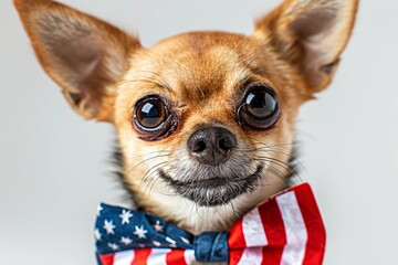 Wall Mural -  A cute Chihuahua dog wearing a United States flag bow is standing and smiling, on a white background