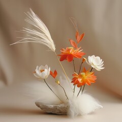 Canvas Print - A vase with white flowers and orange flowers with a feather on top