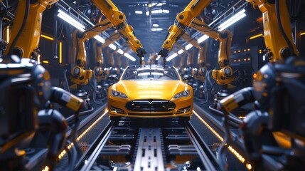 Poster - An automated robot arm assembly line manufacturing green energy electric cars. An automatic construction, building, welding conveyor.